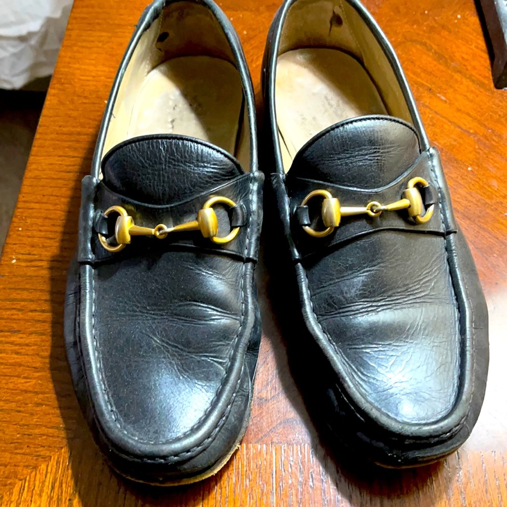 Gucci Black Leather Gold Horsebit Dress Loafer